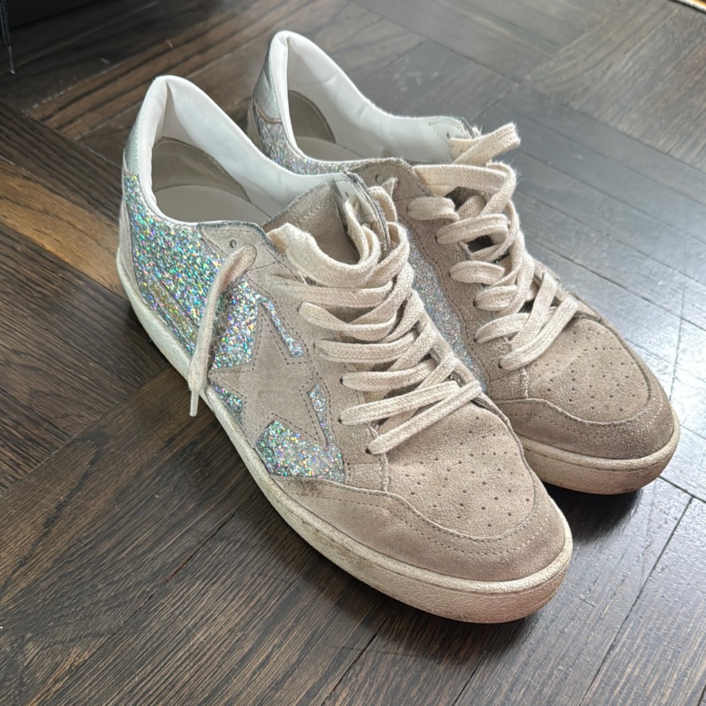 Used Authentic Golden Goose Light Gray Suede Sparkles Ballstar Sneakers Size 37